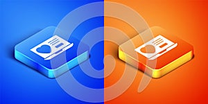 Isometric Dating app online laptop concept icon isolated on blue and orange background. Female male profile flat design