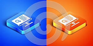 Isometric Dating app online laptop concept icon isolated on blue and orange background. Female male profile flat design