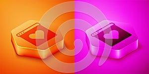 Isometric Dating app online laptop concept icon isolated on orange and pink background. Female male profile flat design