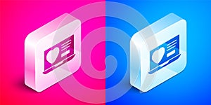 Isometric Dating app online laptop concept icon isolated on pink and blue background. Female male profile flat design