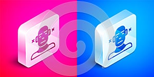 Isometric Deafness icon isolated on pink and blue background. Deaf symbol. Hearing impairment. Silver square button