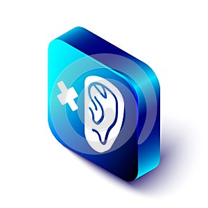 Isometric Deafness icon isolated on white background. Deaf symbol. Hearing impairment. Blue square button. Vector