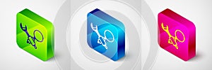 Isometric Debugging icon isolated on grey background. Debugging tool. Magnifying glass on bug programming. Testing and