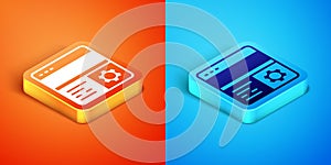 Isometric Debugging icon isolated on orange and blue background. Debugging tool. Magnifying glass on bug programming