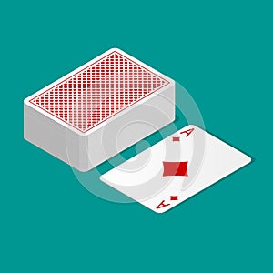 Isometric deck of poker cards upside down and one card suit up.
