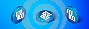 Isometric Decree, paper, parchment, scroll icon icon isolated on blue background. Blue circle button. Vector