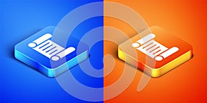 Isometric Decree, paper, parchment, scroll icon icon isolated on blue and orange background. Square button. Vector