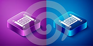 Isometric Decree, paper, parchment, scroll icon icon isolated on blue and purple background. Square button. Vector