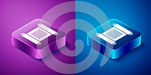 Isometric Decree, paper, parchment, scroll icon icon isolated on blue and purple background. Square button. Vector