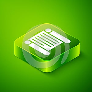 Isometric Decree, paper, parchment, scroll icon icon isolated on green background. Green square button. Vector