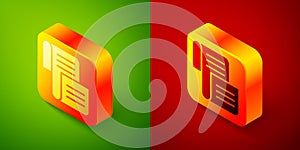 Isometric Decree, paper, parchment, scroll icon icon isolated on green and red background. Square button. Vector