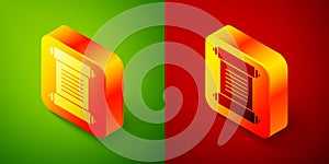 Isometric Decree, paper, parchment, scroll icon icon isolated on green and red background. Square button. Vector