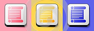 Isometric Decree, paper, parchment, scroll icon icon isolated on pink, yellow and blue background. Square button. Vector