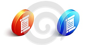 Isometric Decree, paper, parchment, scroll icon icon isolated on white background. Orange and blue circle button. Vector