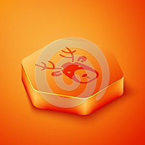 Isometric Deer head with antlers icon isolated on orange background. Orange hexagon button. Vector