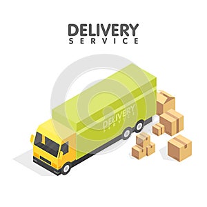 Isometric delivery car and set of cardboard boxes. Isometric vector illustration. Delivery service concept