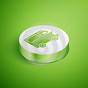 Isometric Delivery cargo truck vehicle icon isolated on green background. White circle button. Vector Illustration