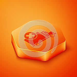 Isometric Delivery cargo truck vehicle icon isolated on orange background. Orange hexagon button. Vector Illustration