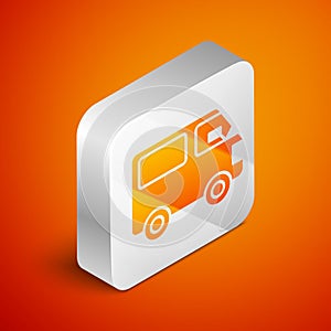 Isometric Delivery cargo truck vehicle icon isolated on orange background. Silver square button. Vector Illustration