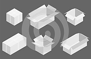 Isometric delivery carton box set. Vector illustration