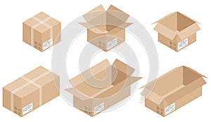 Isometric delivery carton box set. Vector illustration