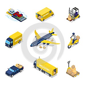 Isometric Delivery Concept. Air Cargo Plane Freight Transportation, Truck, Scooter