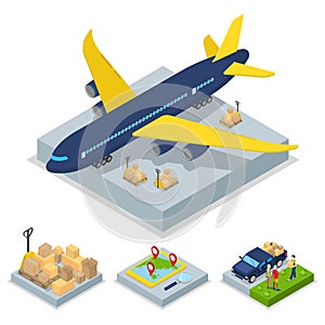 Isometric Delivery Concept. Air Cargo Plane Freight Transportation