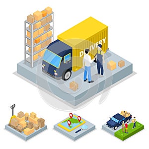 Isometric Delivery Concept with Truck, Courier and Freight Transportation