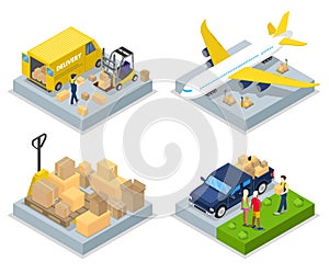 Isometric Delivery Concept. Worldwide Shipping. Air Cargo, Freight Transportation