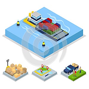 Isometric Delivery Concept. Worldwide Shipping, Freight Transportation