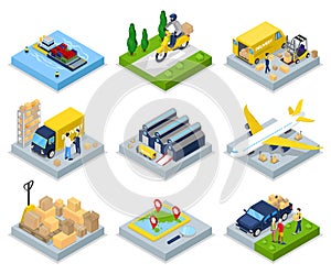 Isometric Delivery Concept. Worldwide Shipping. Warehouse, Air Cargo, Freight Transportation