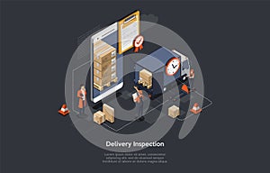 Isometric Delivery Inspection Concept. Customs Inspector Checks The Truck Loading And Accompanying Documents. Border photo