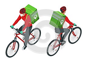 Isometric Delivery man or courier in a medical mask and gloves on Bicycle delivering food to customer at home. Online