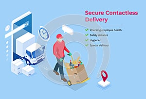 Isometric delivery man or courier in a medical mask and gloves delivering food to customer at home. Online purchases