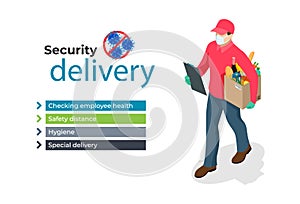 Isometric delivery man or courier in a medical mask and gloves delivering food to customer at home. Online purchases