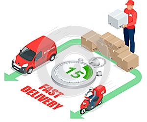 Isometric delivery service concept. Fast delivery car, fast delivery motobike, delivery man, stopwatch. Vector 3d