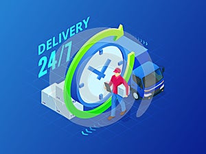 Isometric delivery service. Delivery van and package man. Flat style vector illustration.