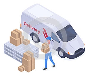 Isometric delivery service worker. Couriers character with cargo truck, shipment service courier carrying parcels flat vector photo