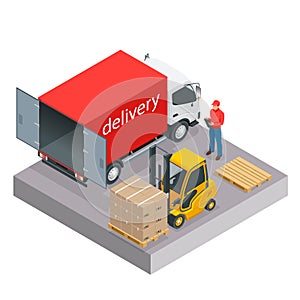 Isometric delivery and shipment service. Vector illustration