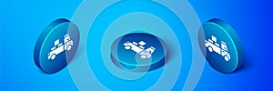 Isometric Delivery truck with cardboard boxes behind icon isolated on blue background. Blue circle button. Vector