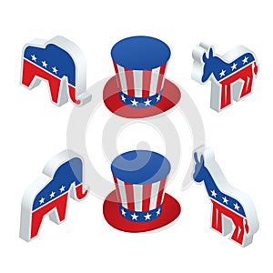 Isometric democrat donkey and the republican elephant