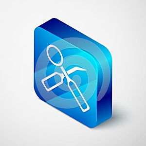 Isometric Dental inspection mirror and explorer scaler icon isolated on grey background. Tool dental checkup. Blue