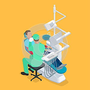 Isometric dentist examining mans teeth in the dentists chair. Medicine concept