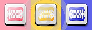 Isometric Dentures model icon isolated on pink, yellow and blue background. Teeth of the upper jaw. Dental concept