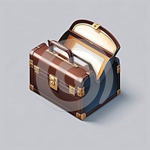An isometric depiction of a open briefcase icon