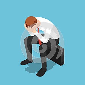 Isometric depressed businessman facepalm or cover his face by hands sit on business briefcase