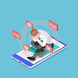 Isometric Depressed Businessman Sitting on The Smartphone with Hate Speech from Social Media