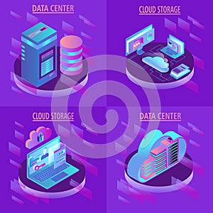 Isometric design concept cloud technology data transfer and storage