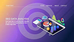 Website seo analysis, search engine optimization, digital marketing data analytics, isometric design concept.