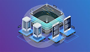 Isometric design concept virtual reality and augmented reality. software development and programming. Computation of big data